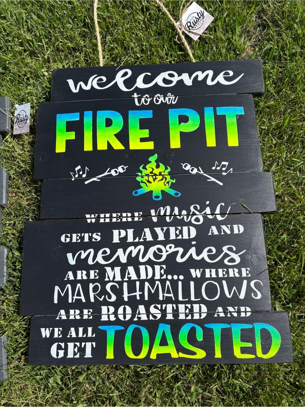 Welcome to Our Fire Pit Sign - Colorful Gradient Letters